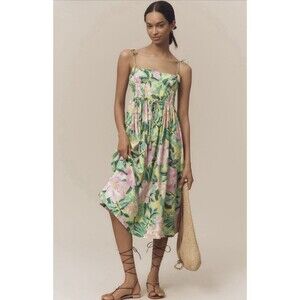 Farm Rio Anthropologie Midi Dress Green Linen Blend Babydoll Vacay Small NWT